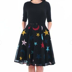eShakti Celestial print mixed media belted dress size M